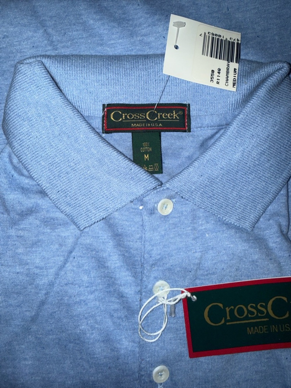 CrossCreek Men’s Heather Light Blue Cotton Polo